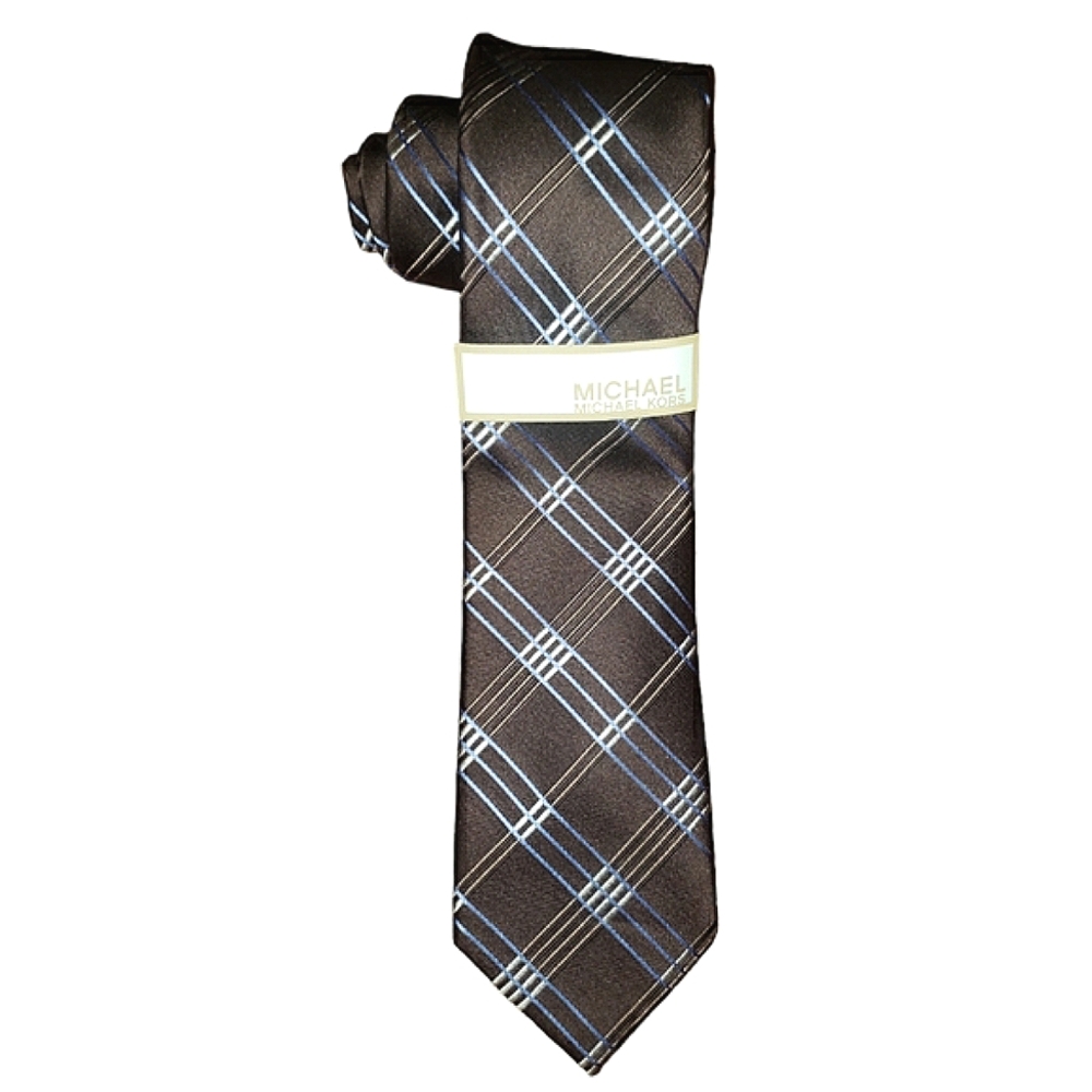 Michael Michael Kors Core Grid 100% Silk Plaid Crosshatch Brown Blue Tie NWT